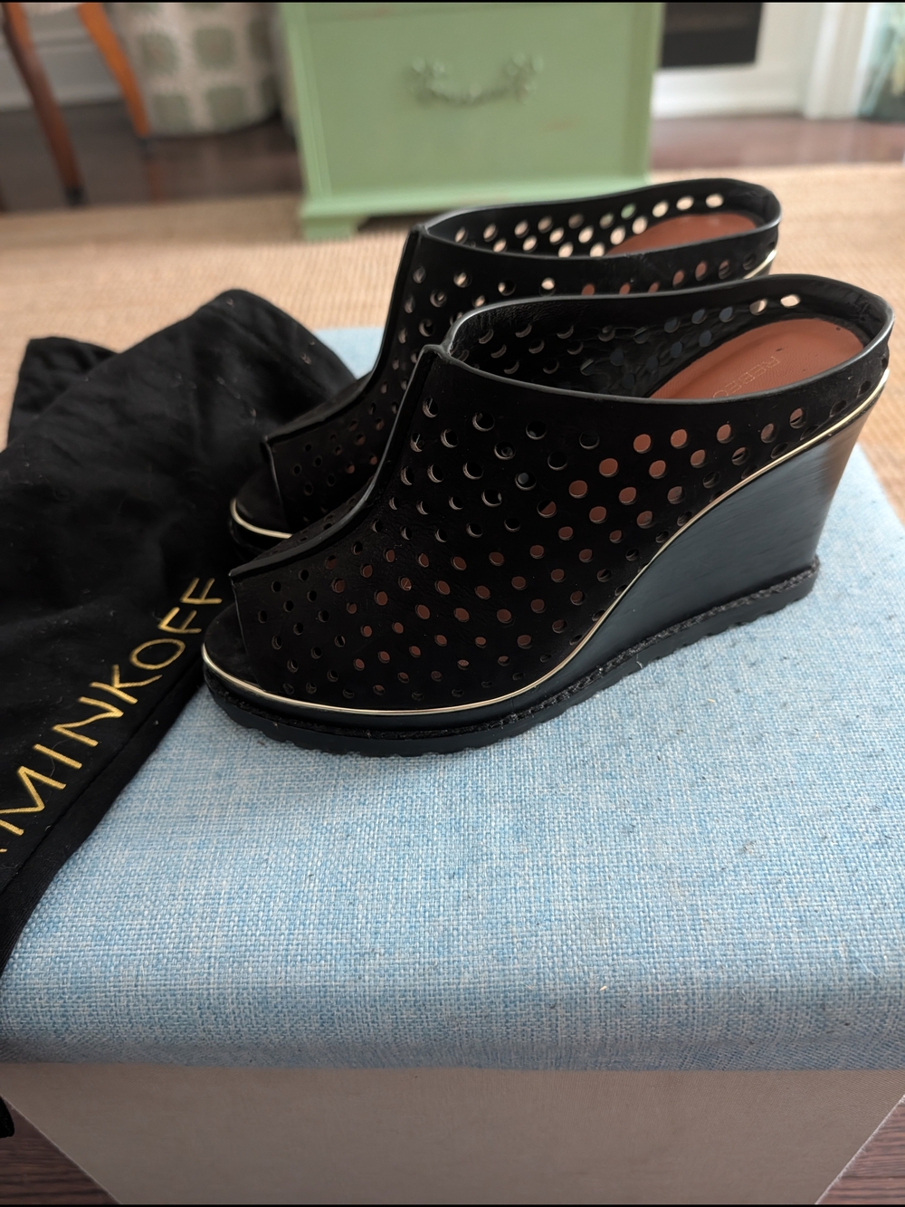Rebecca Minkoff Black Perforated Wedge Mules